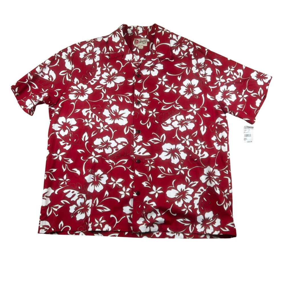 Hilo Hattie Hawaiian Shirt Mens 3XL Red White Hibiscus Floral Cotton Made Hawaii